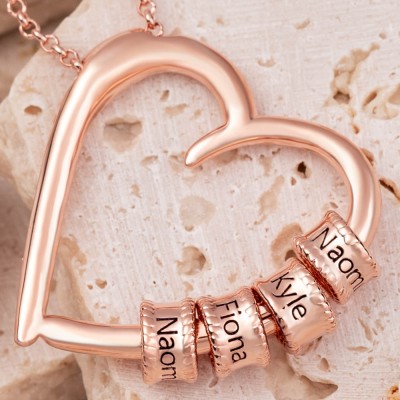 Personalized Heart Pendant Necklace with Engraved Name Beads For Christmas Mother's Day