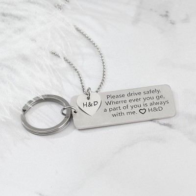 Drive Safe Personalized Necklace and Keychain Set For Couples Boyfriend 