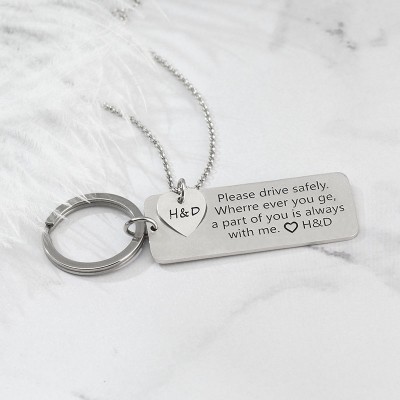 Drive Safe Personalized Necklace and Keychain Set For Couples Boyfriend 