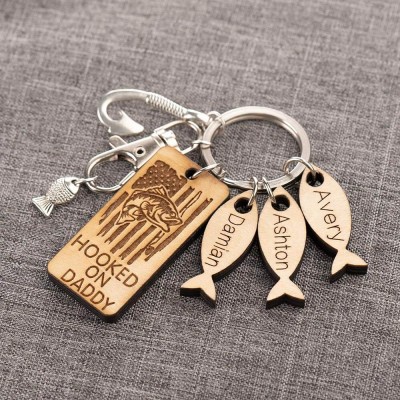 Father's Day Personalized 1-15 Kids Name Fishing Keychain Hooked On Daddy