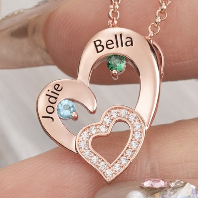 Custom Heart Necklaces With 2 Name and Birthstone For Soulmate Valentine's Day