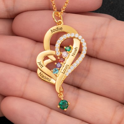 Custom Heart Necklace With 5 Names and Birthstones For Mother's Day Christmas Birthday