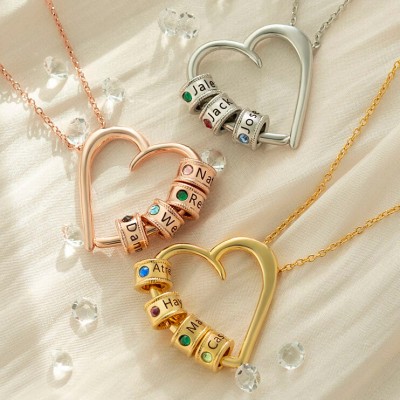 18K Rose Gold Plating Personalized Charming Heart Necklace with Engraved Name Beads For Mom