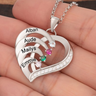 Custom 4 Names and Birthstones Heart Necklace For Mother's Day Christmas