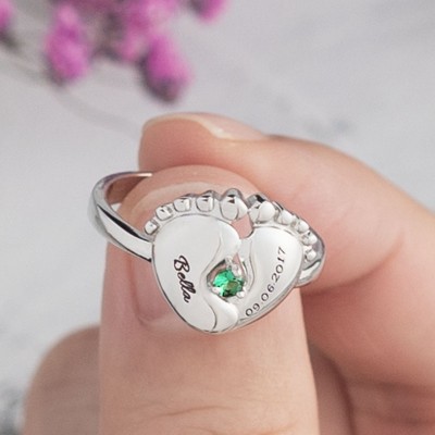 Birthstone Ring For New Mom With Engraved Baby Name | Birth Date