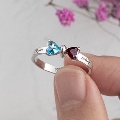 Personalized 2 Names Birthstone Bow Ring