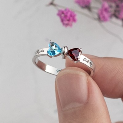 Personalized 2 Names Birthstone Bow Ring