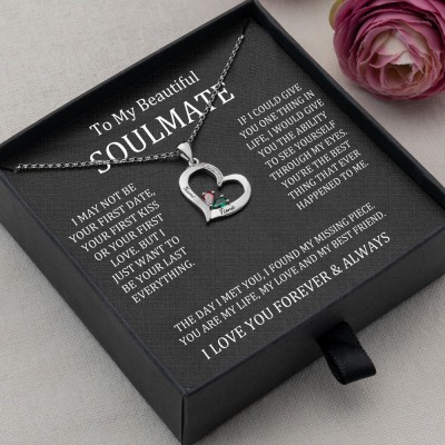 To My Soulmate Custom Heart Necklace With 2 Names and Birthstones For Valentine's Day