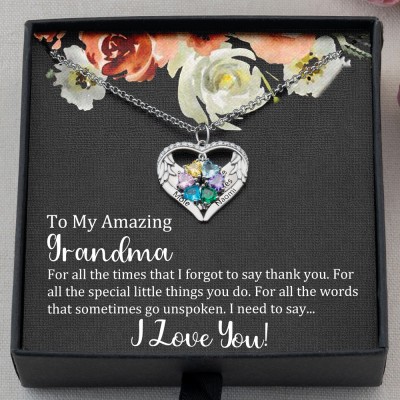 To My Amazing Grandma Custom Birthstone Angel Wings Heart Necklaces