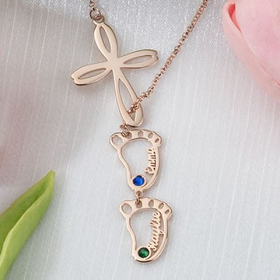 Personalized Mom 1-10 Baby Feet Charms Name Necklace With Birthstone
