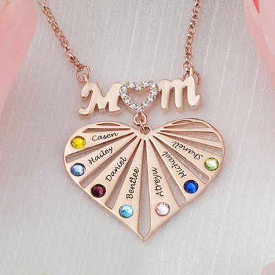 Personalized 1-8 Engraving Name Heart Necklace With Birthstone For Mom