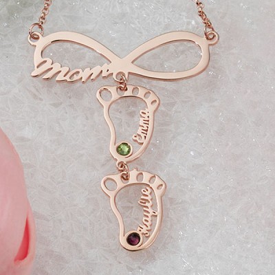 Personalized Infinity Mama Baby Feet Charms Name Necklace With Birthstone For Mom Christmas's Day