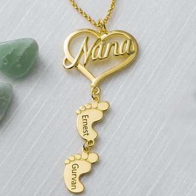 Personalized Love Heart Baby Feet Charms Name Necklace For Nana Mother's Day