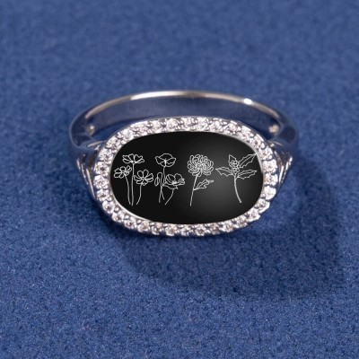 Personalized Birth Month Flower Ring Black Agate For Family Mom