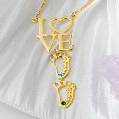 Personalized Love Baby Feet Charms Name Necklace With Birthstone For Mom Grandma