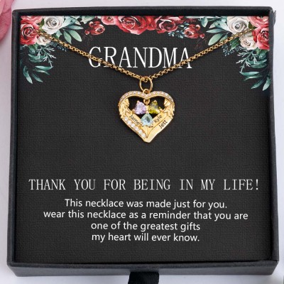 Custom To My Grandma Birthstone Angel Wings Heart Necklace