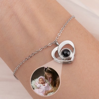 Personalized Memorial Photo Projection Heart Charm Bracelet