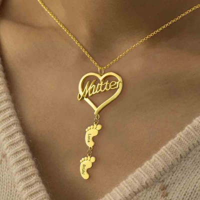 Personalized Mutter Heart Pendant With Baby Feet Name Engraved Necklace Mother's Day Gift Ideas