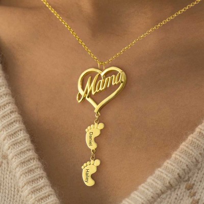 Personalized Mama Heart Pendant With Baby Feet Name Engraved  Necklace Mother's Day Gift Ideas