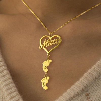 Personalized Mutti Heart Pendant With Baby Feet Name Engraved  Necklace Mother's Day Gift Ideas