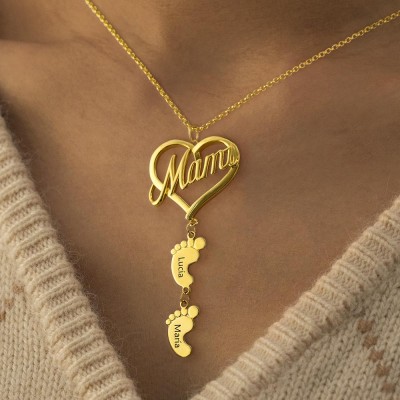 Personalized Mami Heart Pendant With Baby Feet Name Engraved  Necklace Mother's Day Gift Ideas