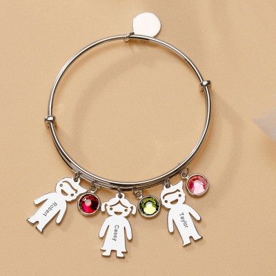 Silver Custom 1-12 Charms Kids Engraved Name Bracelet Bangle With Birthstone