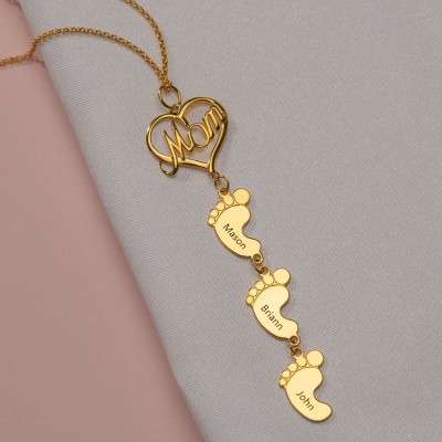 Personalized Love Mom Heart Baby Feet Charms Engraved Name Necklaces With 1-10 Pendants