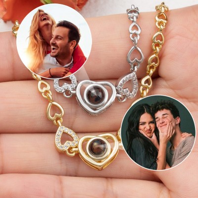 Custom Photo Projection Heart Charm Bracelet For Wife Soulmate Valentine's Day Gift Ideas