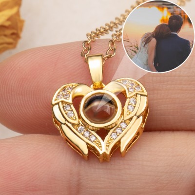 Custom Photo Projection Angel Wing Heart Necklace For Valentine's Day Gift