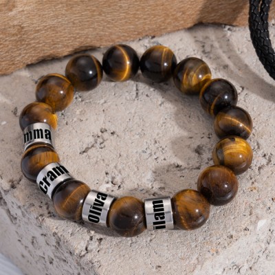 Tiger Eye Healing Bracelet With Custom Name Beads Christmas Birthday Gift For Dad Husband Boyfriend