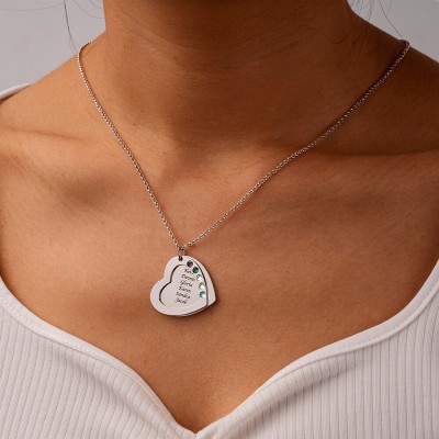 Engravable Heart Family Names Necklace With 1-6 Birthstones