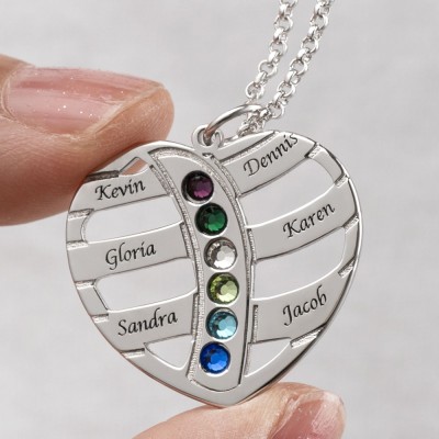 Personalized Heart Love Shape Engraved 1-6 Birthstone and Name Necklace