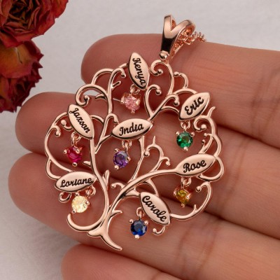 Personalized Family Tree Necklaces With 1-7 Names and Birthstones Family Gift Ideas