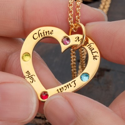 Personalized Family Heart Name Necklace With Birthstone Christmas Gift