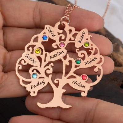 Personalized Family Tree of Life Name Necklace With Birthstone For Mom Christmas's Day