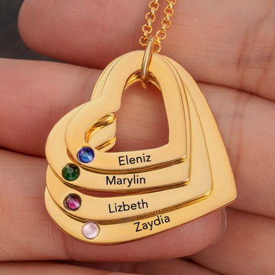 Personalized 1-6 Heart Name Necklaces With Birthstone For Mom Family Christmas Gift