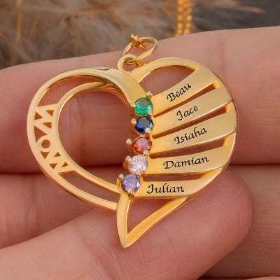 Personalized Heart Names and Birthstones Necklaces For Mom Grandma