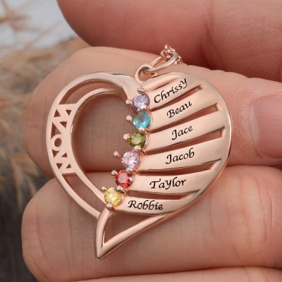 Personalized Heart Names and Birthstones Necklaces For Mom Grandma