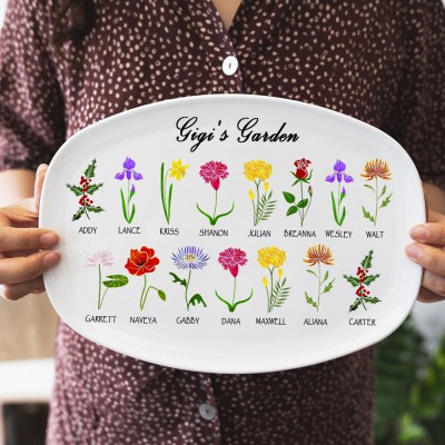Grandma's Garden Plate Personalized Birth Month Flower Platter With Grandchildren's Name For Mother's Christmas Day
