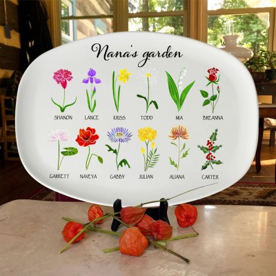 Custom Grandma's Garden Platter With Grandchildren's Name and Birth Flower For Mother's Day