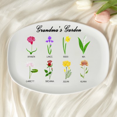 Personalized Birth Month Flower Platter With Grandchildren Name Grandma's Garden For Mother's Day