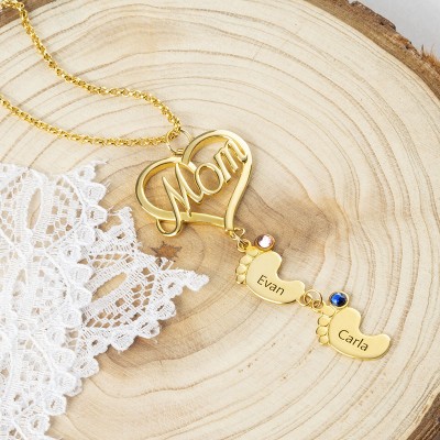 Personalized MOM Heart Baby Feet Pendant Birthstone Name Necklace with 1-10 Charms