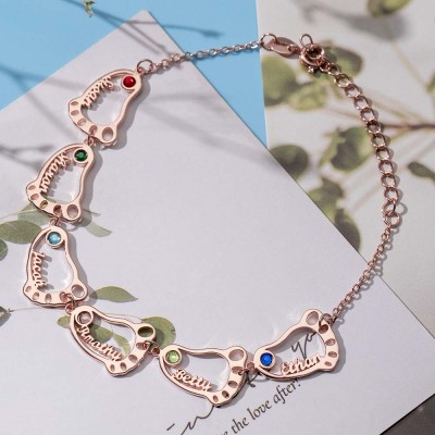 18K Rose Gold Plating Personalized 1-10 Baby Feet Name Bracelet With Birthstone