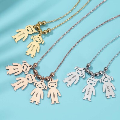 Silver Personalized Engraved Name Necklaces With 1-10 Children Kids Charms