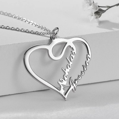 Silver Personalised Heart Couple Name Necklace