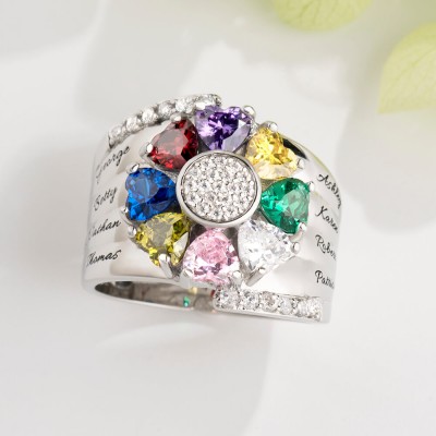 S925 Silver Engraved Heart-Shaped Birthstones Ring with 1-8 Names