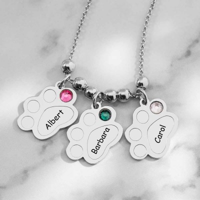 Multiple Paw Print Birthstone Name Necklace with 1-5 Charms