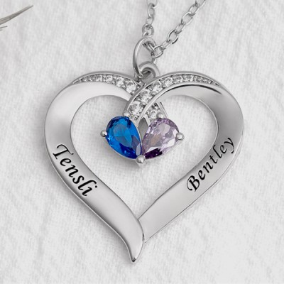 Personalized Couple Names Heart Necklace With Birthstones Valentine's Day Gifts