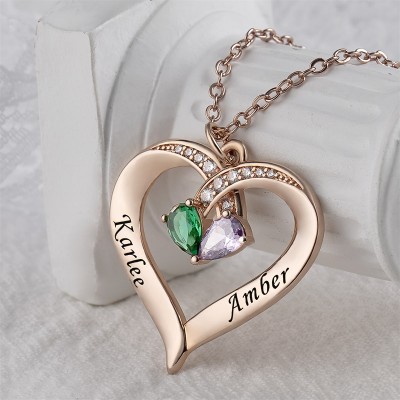 Personalized Couple Names Heart Necklace With Birthstones Valentine's Day Gifts