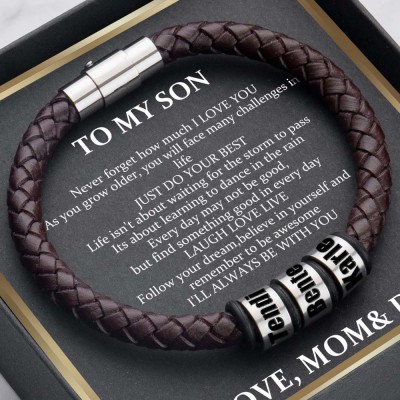 Custom To My Son Brown Beaded Bracelet With Name Engraved Gift From Dad